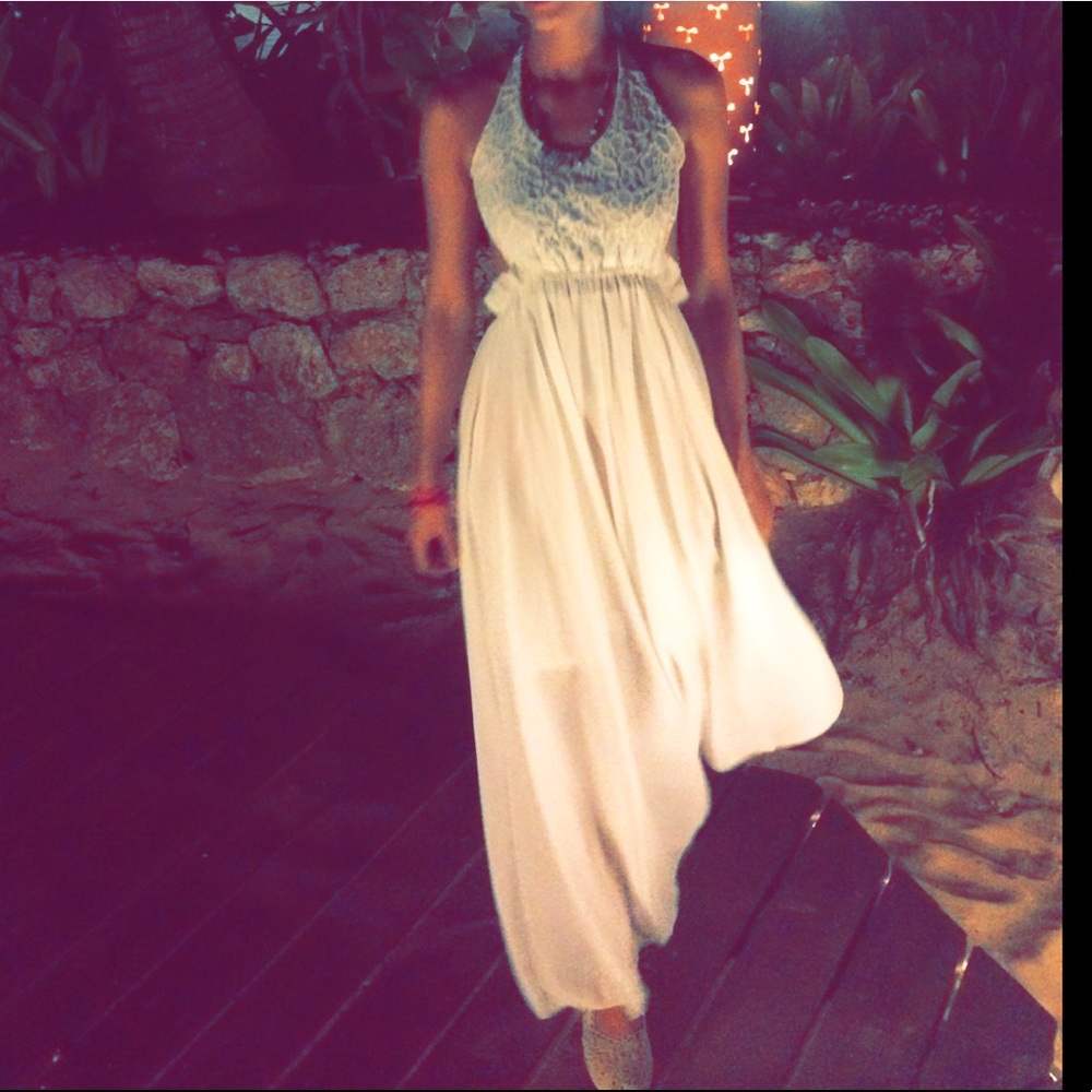 Long white dress.